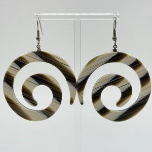 Vintage Swirl Resin Acrylic Spiral Dangle Earrings Statement Olive Off White